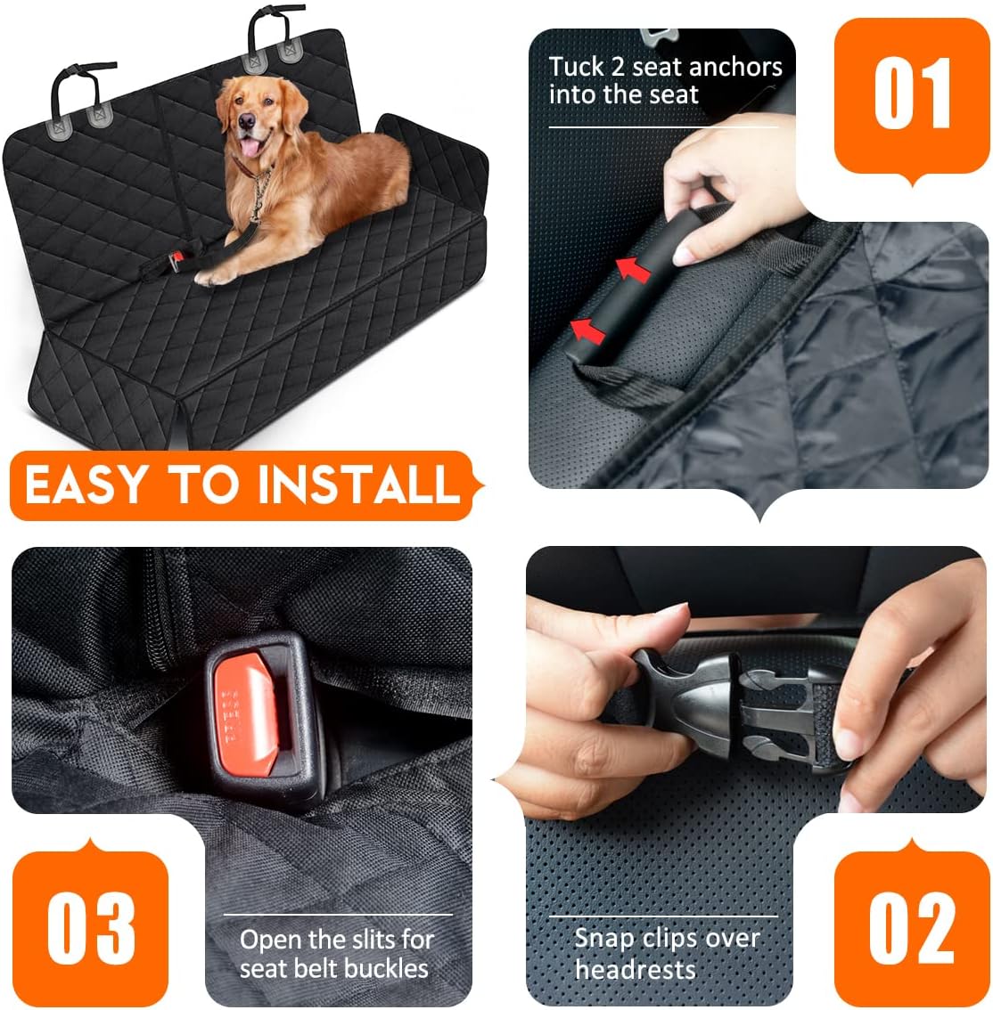 Dog Car Seat Cover - Waterproof Back Seat Protector for Pets, Non-Slip Design with Middle Armrest Compatibility for Most Cars, Trucks, and SUVs - Black