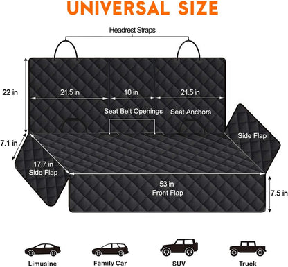 Dog Car Seat Cover - Waterproof Back Seat Protector for Pets, Non-Slip Design with Middle Armrest Compatibility for Most Cars, Trucks, and SUVs - Black
